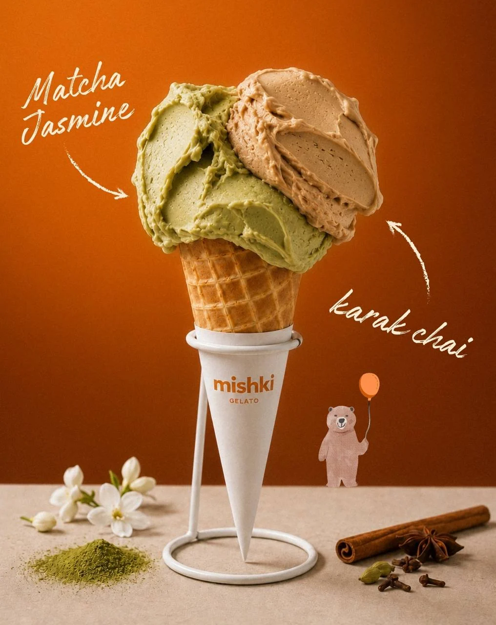 Double-scoop cone: Matcha Jasmine and Karak Chai