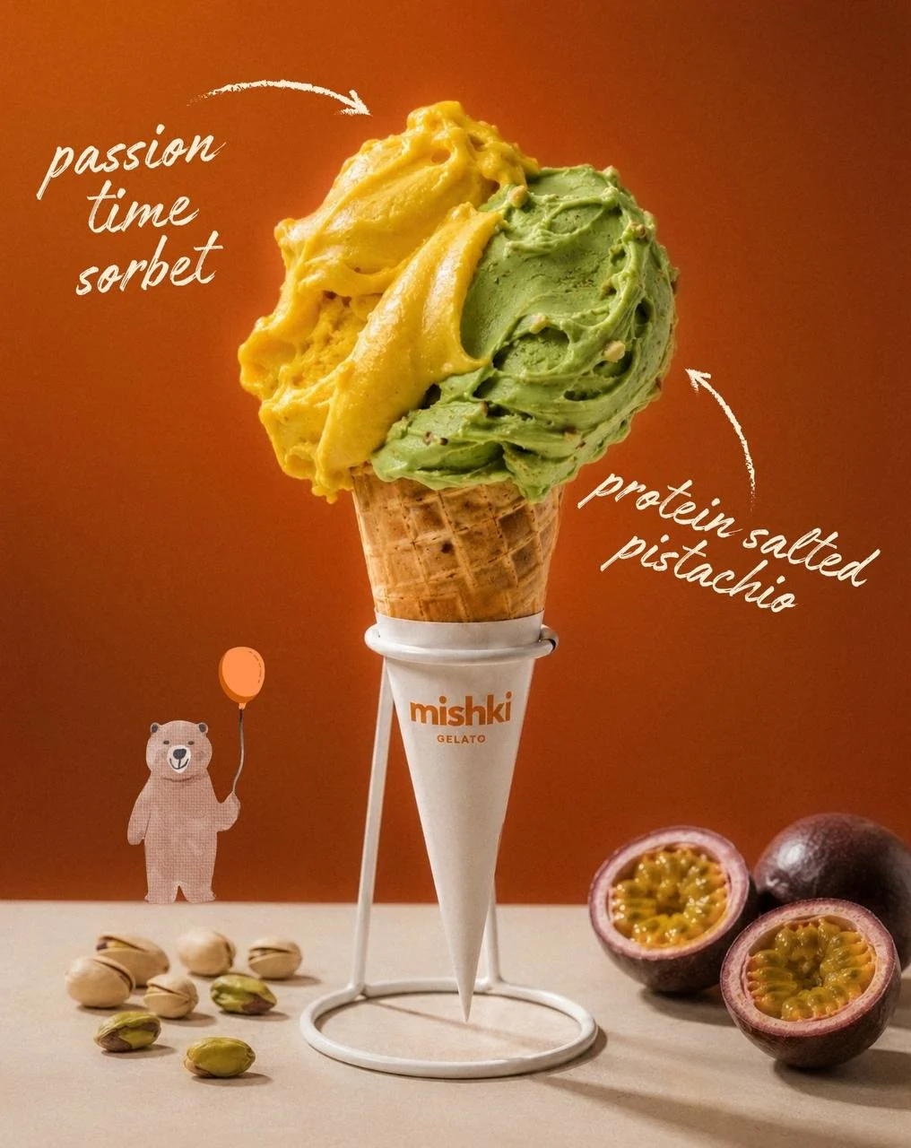 Double-scoop cone: Passion Time sorbet and Protein Salted Pistachio