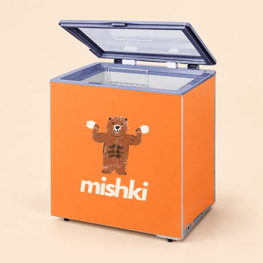 An orange Mishki freezer with the muscular bear logo